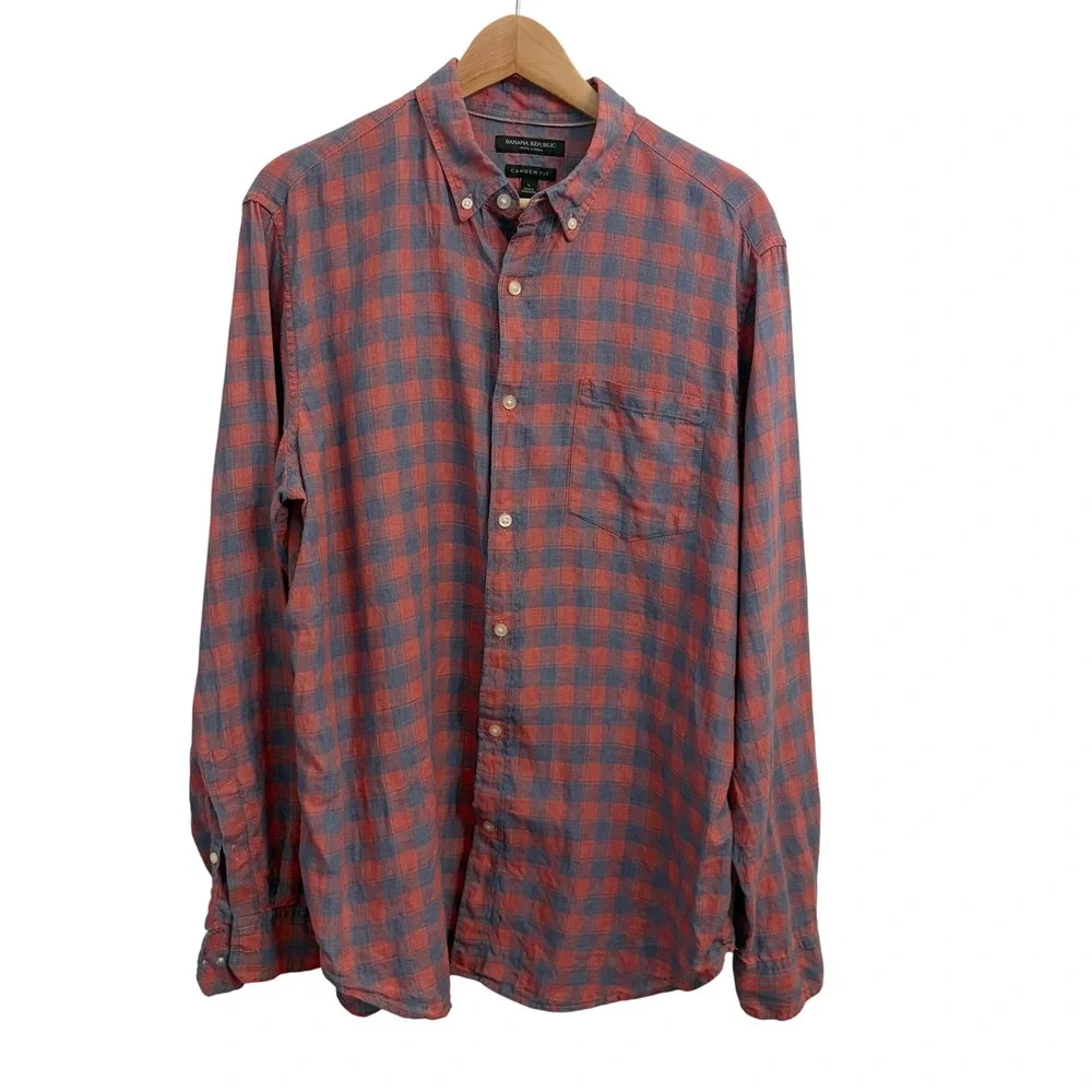 Banana Republic 100% Linen Button Up Shirt Mens Large‎ Camden Fit Red Blue Check